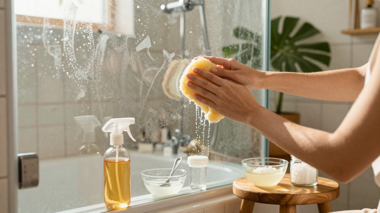 Pessoa limpando espelho do banheiro com esponja amarela e produtos de limpeza ao lado