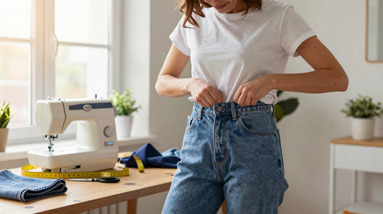 Mulher vestindo calça jeans azul e camiseta branca em ambiente com mesa e máquina de costura.
