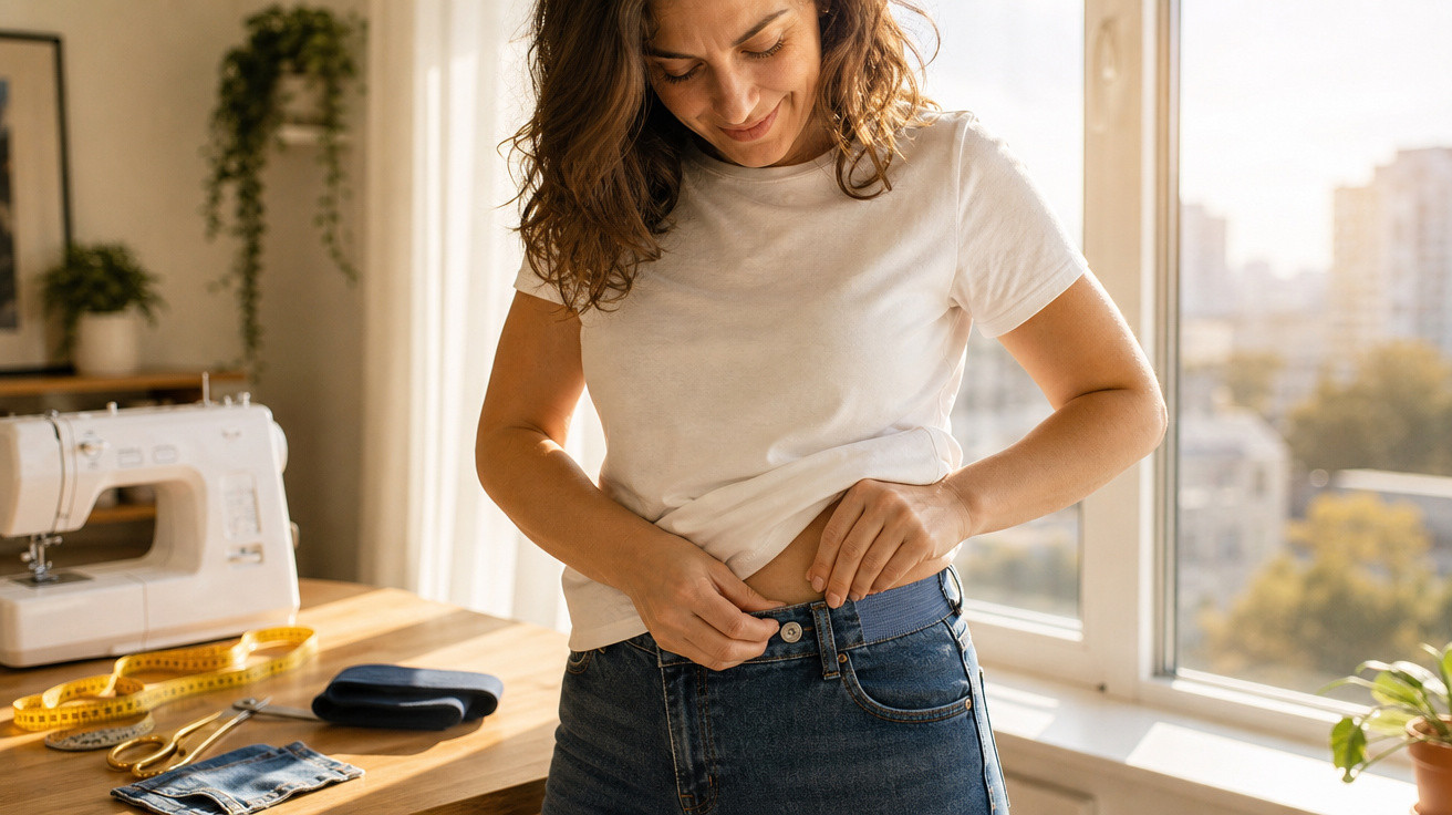 Mulher fechando calça jeans em ambiente iluminado, com máquina de costura e fita métrica na mesa ao lado.