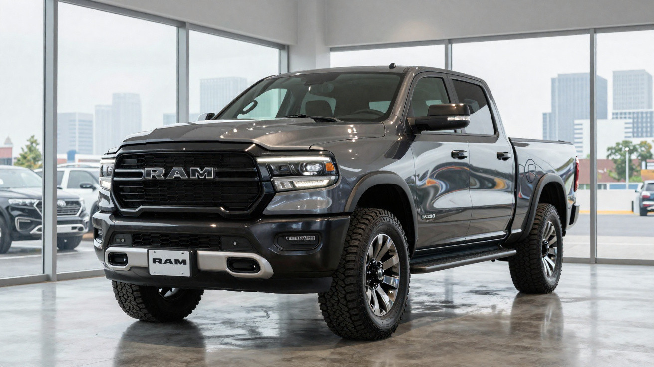 Picape RAM cinza estacionada em showroom com vidros e prédios ao fundo.