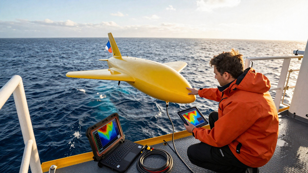 Homem com jaqueta laranja ajusta equipamento amarelo em barco no mar, com laptop e tablet exibindo dados coloridos.