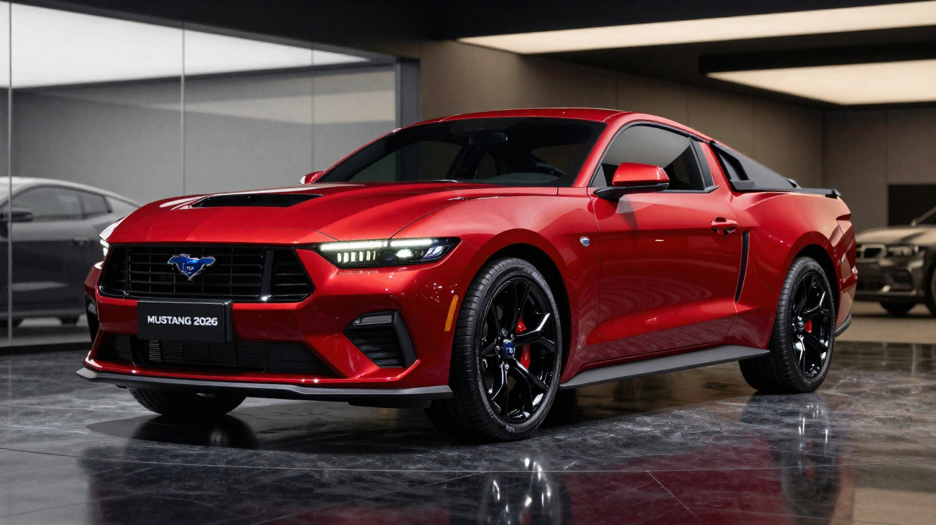 Carro esportivo vermelho Ford Mustang 2026 estacionado em ambiente interno com piso refletivo.