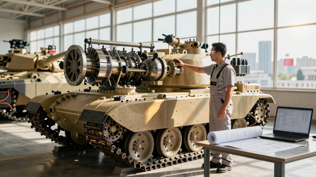 Engenheiro inspeciona tanque militar moderno em oficina com planta e laptop em mesa próxima.