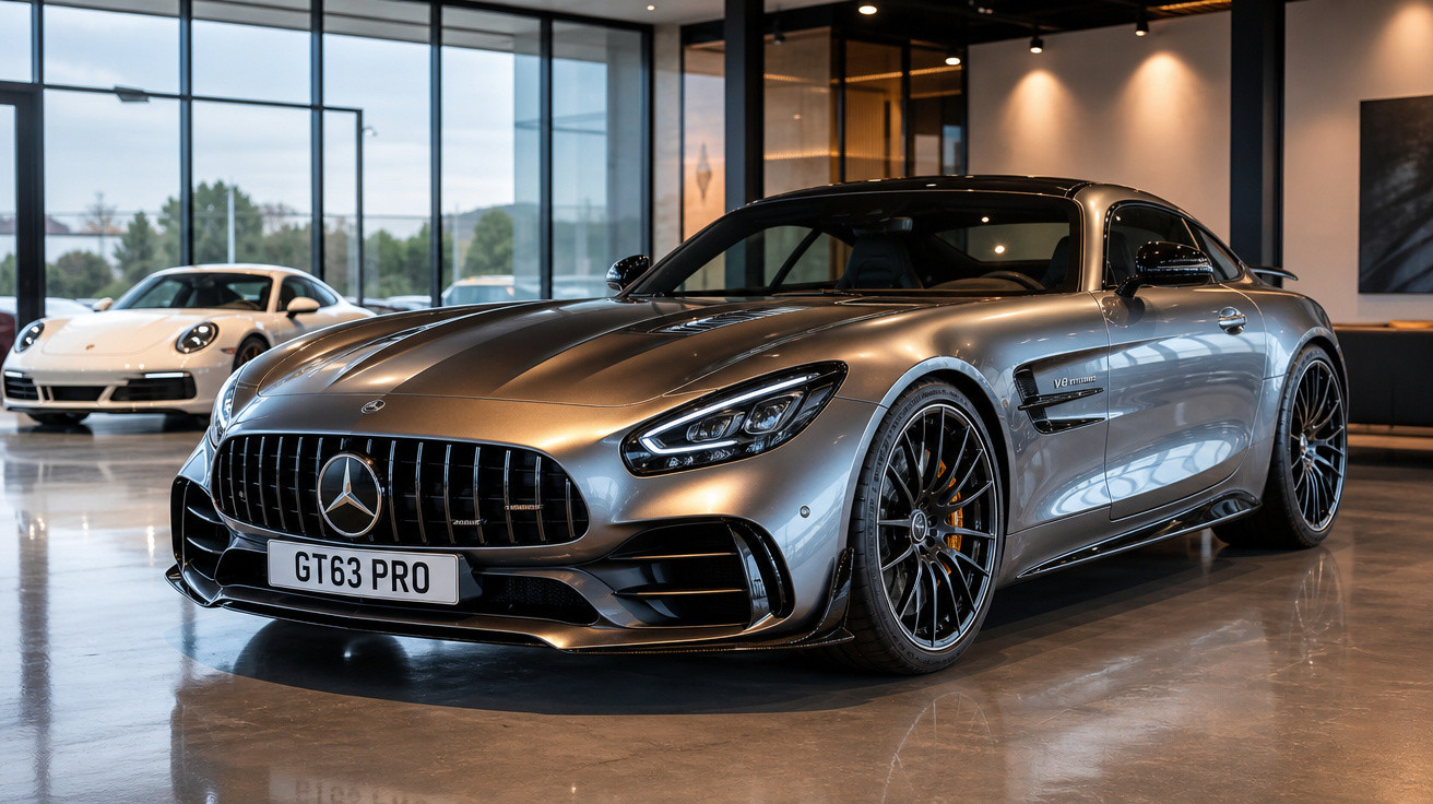 Carro esportivo prata Mercedes GT63 PRO estacionado em showroom moderno com outro carro branco ao fundo.