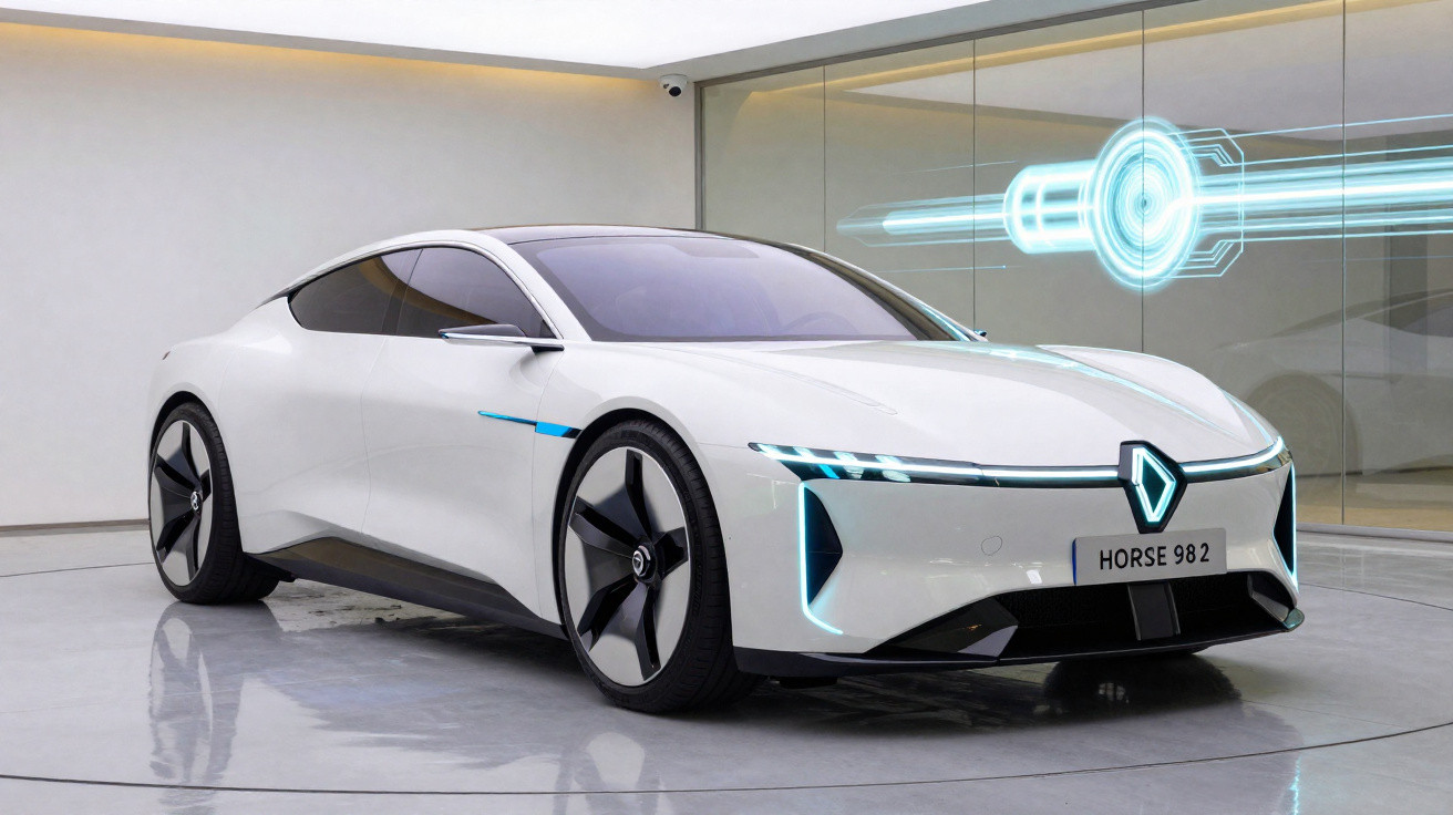 Carro elétrico branco com design futurista exibido em ambiente moderno e minimalista.
