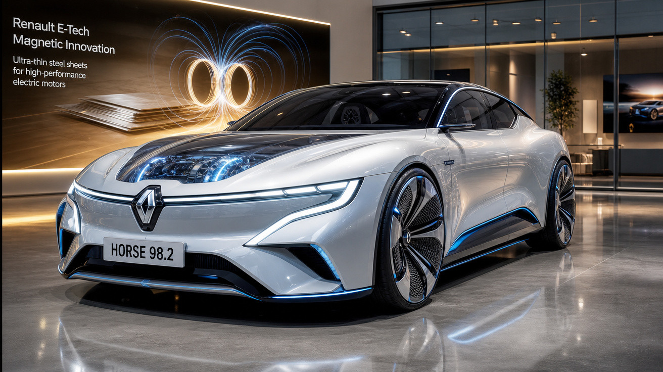 Carro esportivo elétrico Renault branco com design futurista exposto em showroom moderno.