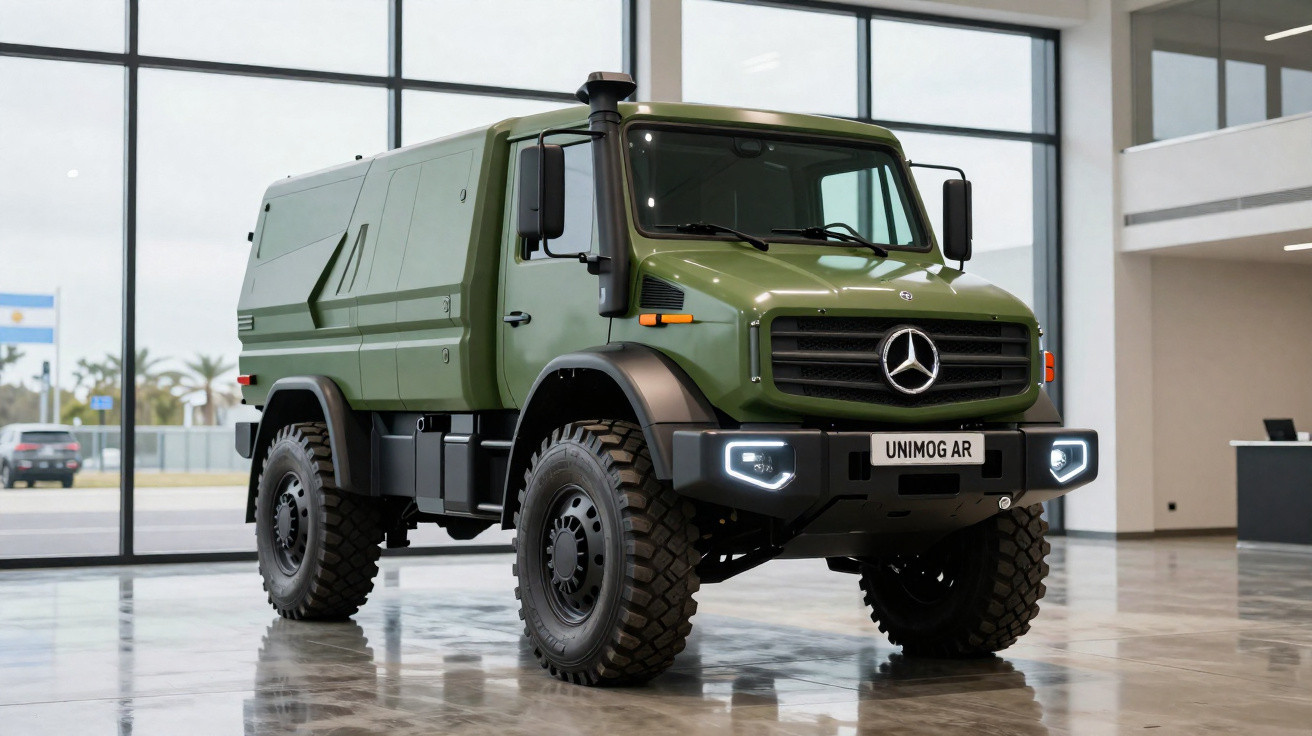 Caminhão Mercedes-Benz Unimog AR verde militar estacionado em ambiente interno com piso reflexivo.