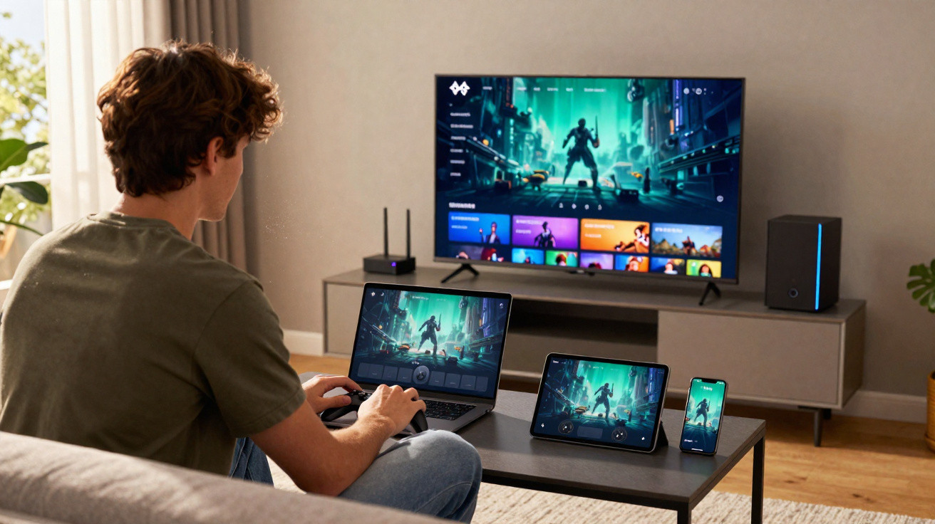 Homem jogando videogame em múltiplas telas: TV, laptop, tablet e smartphone na sala de estar.