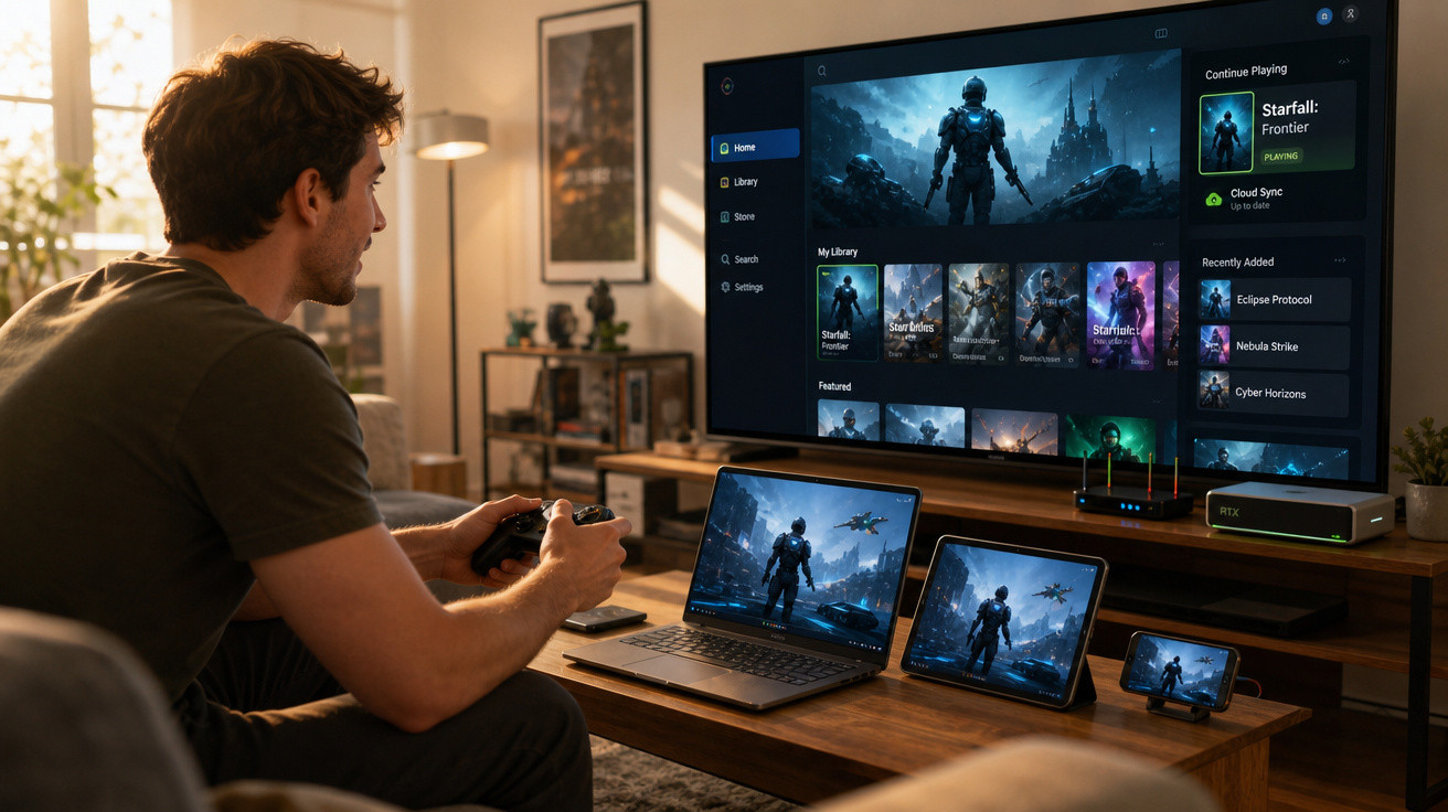 Homem jogando videogame usando controle, com jogo exibido em TV, laptop, tablet e smartphone em sala iluminada.