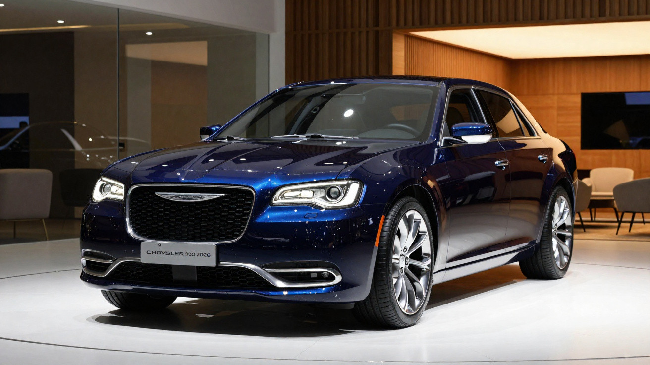 Carro Chrysler 300 2026 azul escuro exibido em ambiente interno, com iluminação destacando linhas e detalhes.
