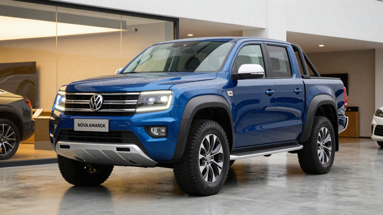 Picape Volkswagen Amarok azul estacionada em ambiente interno, com design robusto e moderno.