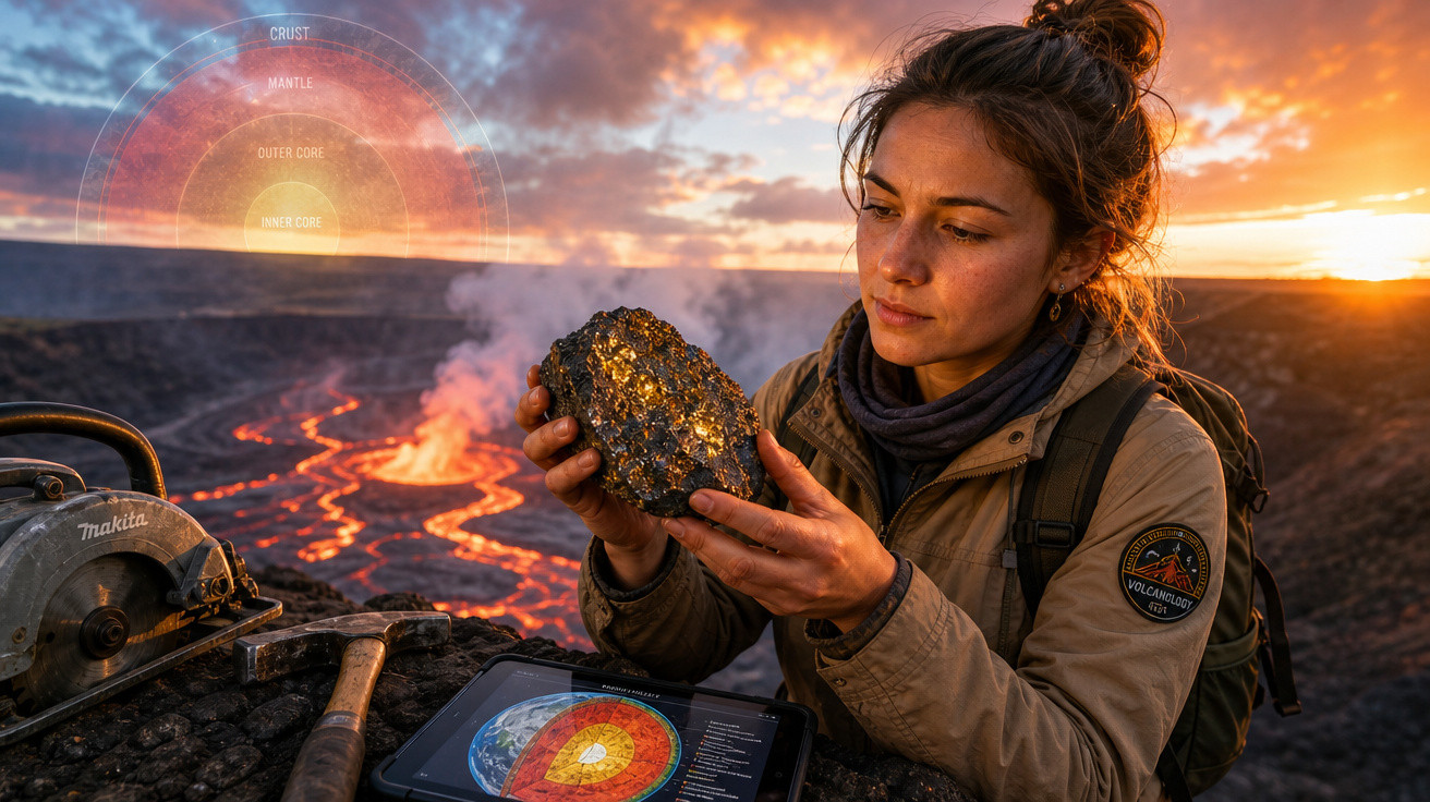 Mulher cientista examina rocha vulcânica em erupção com tablet e ferramentas ao pôr do sol.