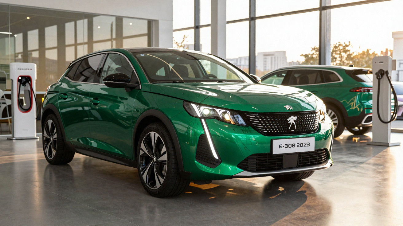 Carro elétrico Peugeot E-308 2023 verde em showroom moderno com estação de recarga ao fundo.