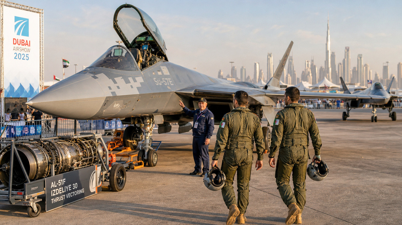 Dois pilotos caminhando com capacetes perto de caça ao ar livre no Dubai Airshow 2025.