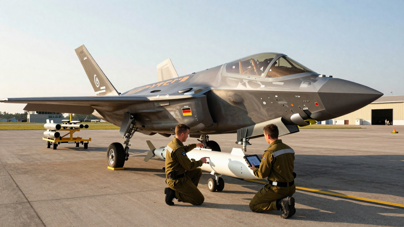 Dois militares ao lado de caça F-35 estacionado em Área de tática aérea, em preparação.