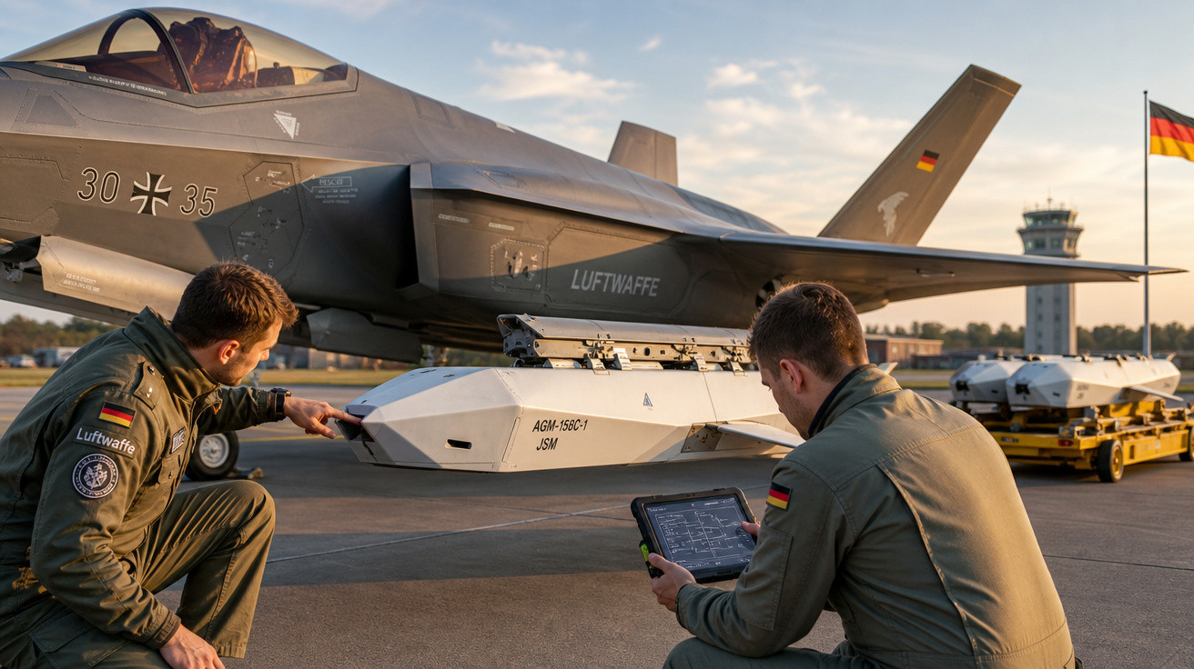 Dois militares da Luftwaffe inspecionam míssil AGM-158C preso em caça F-35 no aeroporto ao entardecer.