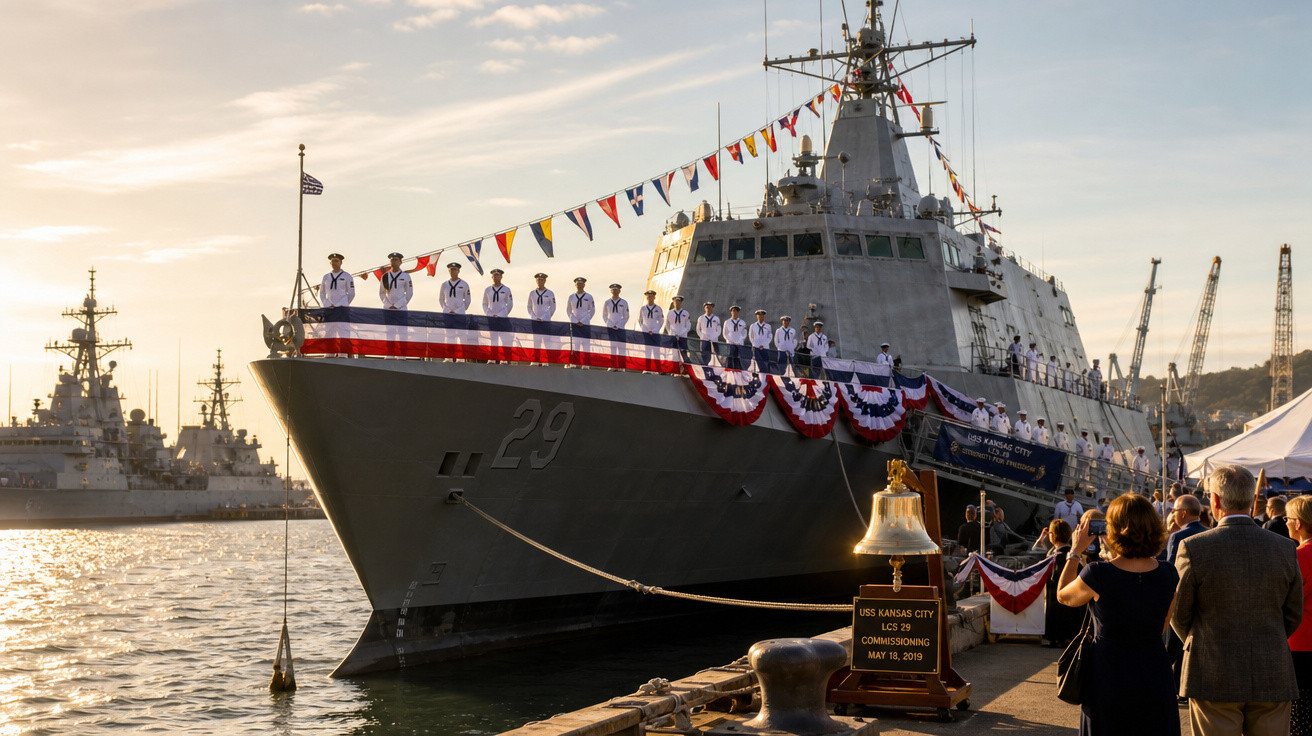 Navio militar decorado e tripulação alinhada no convés durante cerimônia ao pôr do sol no porto.