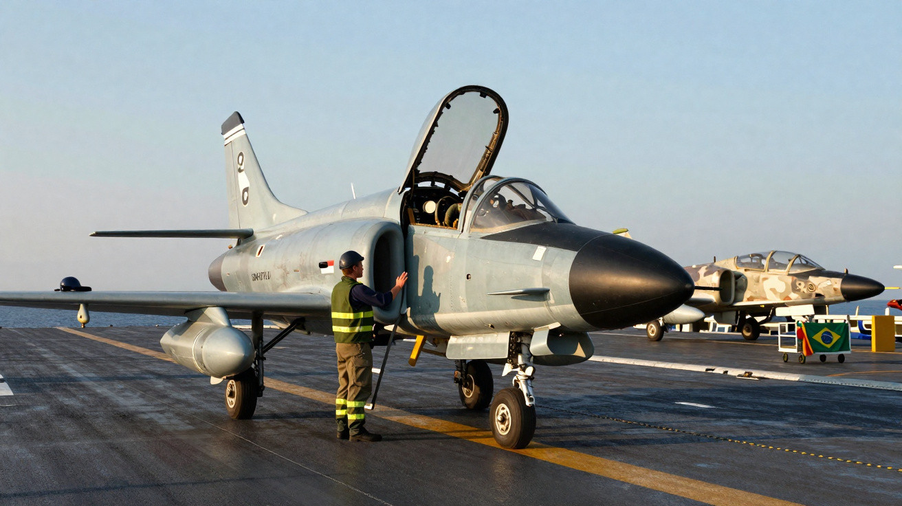 Avião de caça cinza estacionado em pista com técnico vestindo colete refletivo ao lado.
