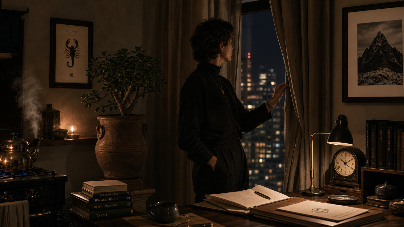 Pessoa olhando pela janela à noite em ambiente aconchegante com livros, planta e mesa de trabalho iluminada