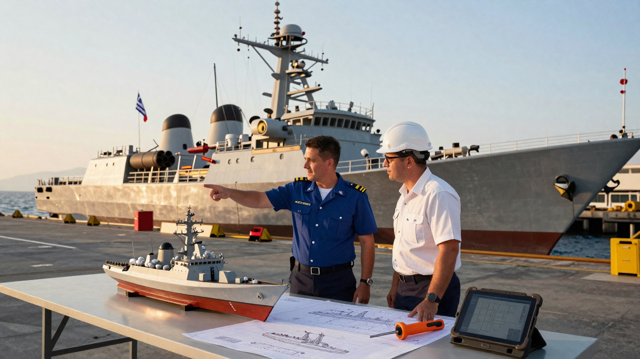 Dois homens revisam maquete e plantas de um navio militar no cais com navio real ao fundo.