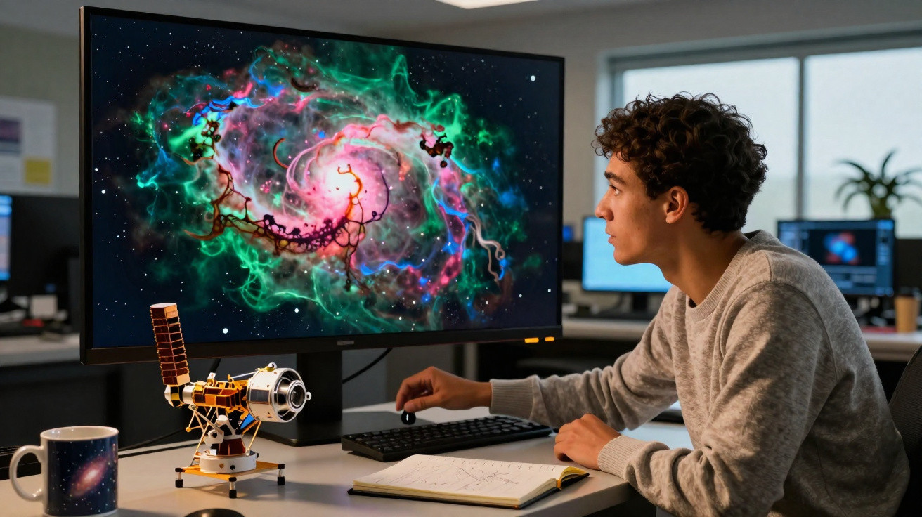 Jovem observando imagem colorida de galáxia na tela de computador em escritório moderno.