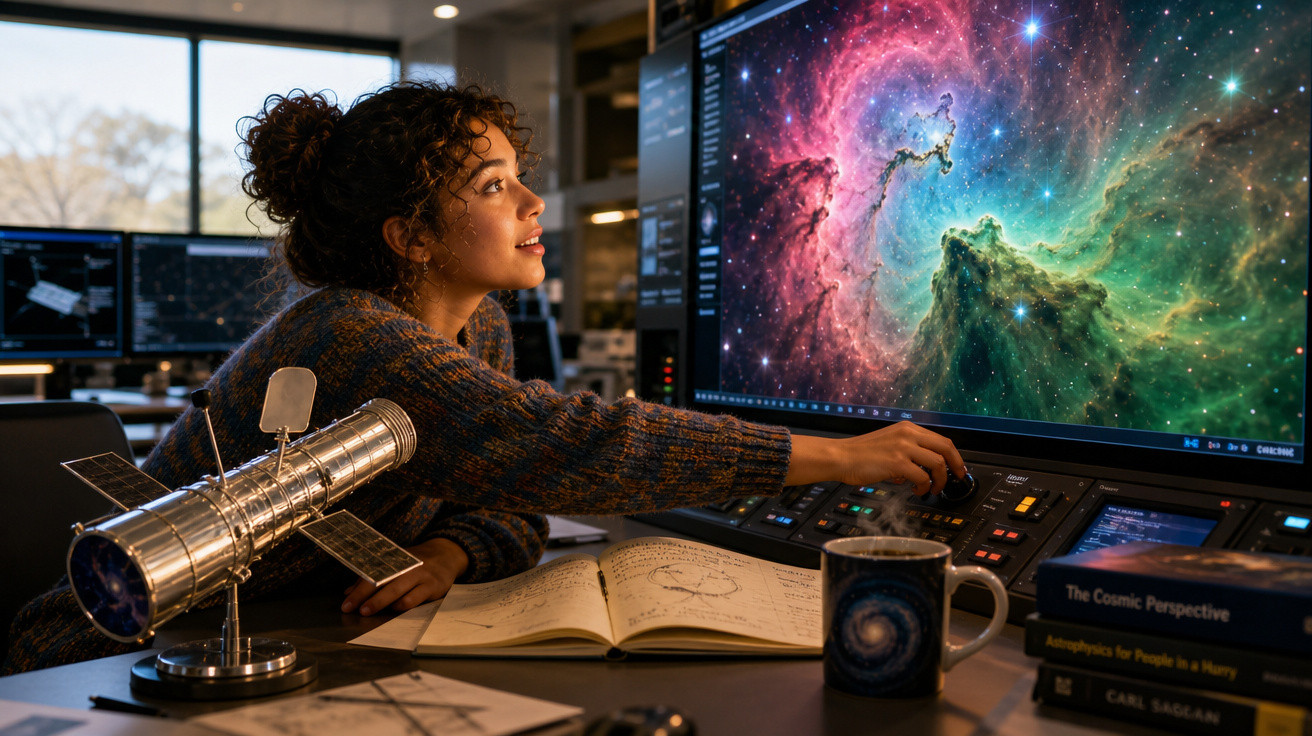 Mulher observando imagens coloridas do espaço em tela grande em laboratório de astronomia.