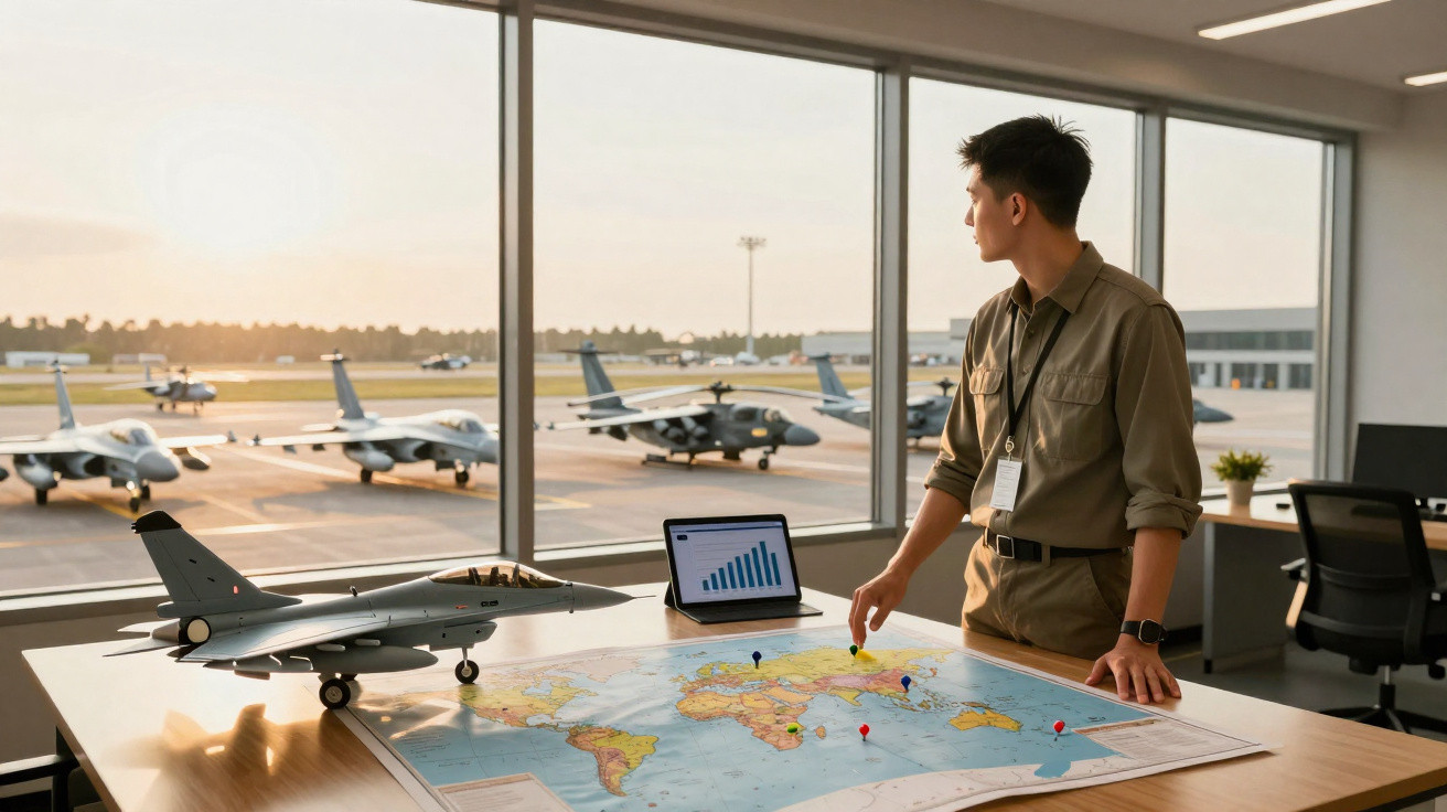Homem em escritório observa aviões militares pela janela com mapa mundial e modelo de avião na mesa.