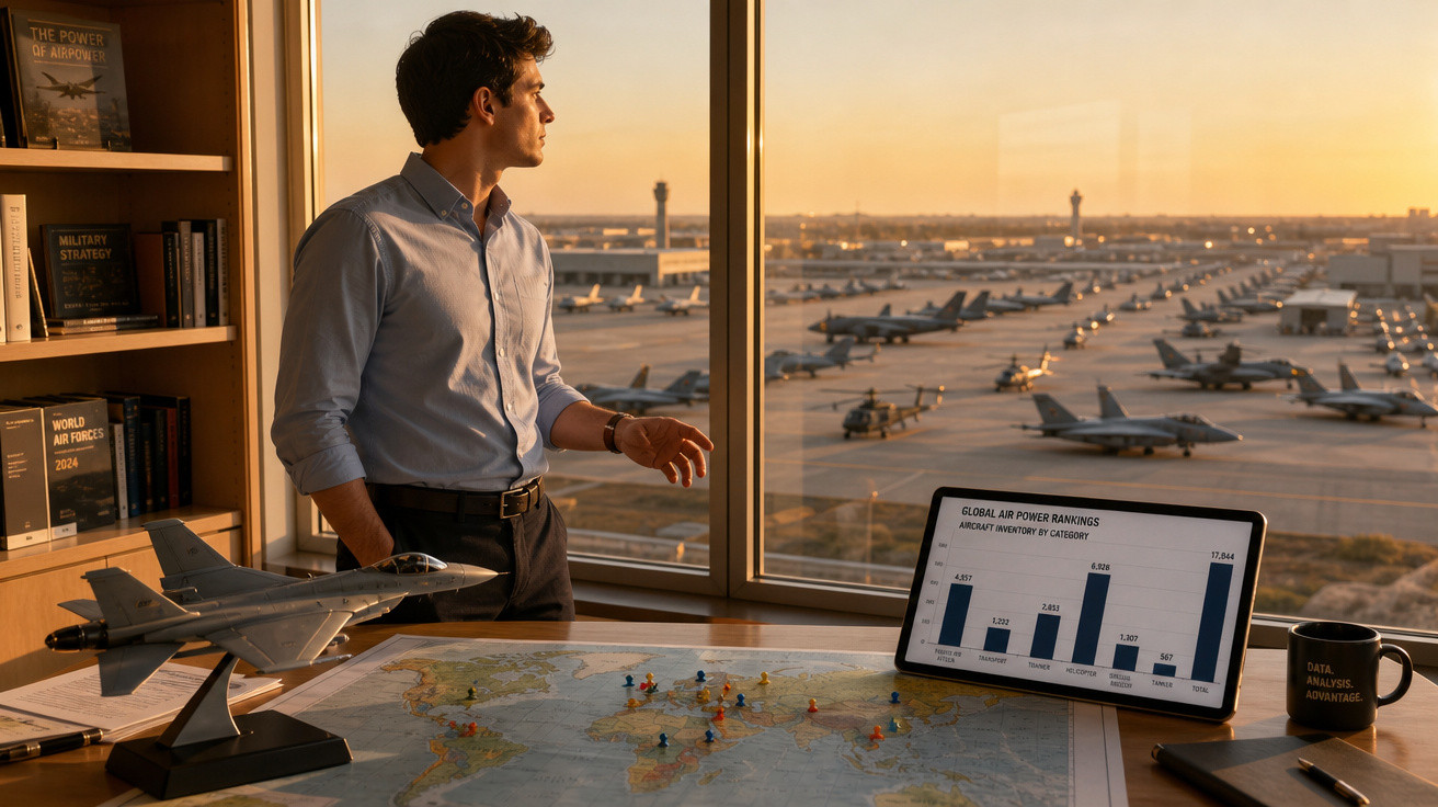 Homem observa aeroporto cheio de aeronaves ao pôr do sol, com mapa e gráfico de poder aéreo na mesa.