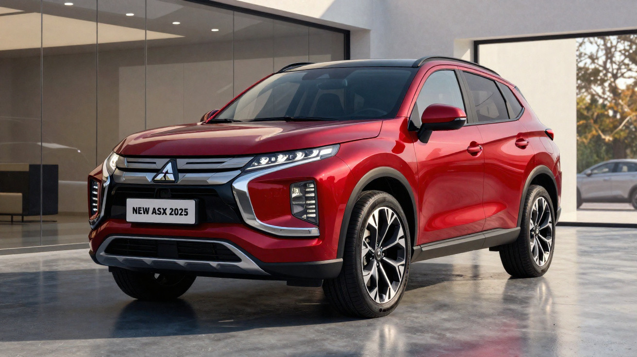 SUV Mitsubishi ASX 2025 vermelho estacionado em garagem moderna com piso refletivo.