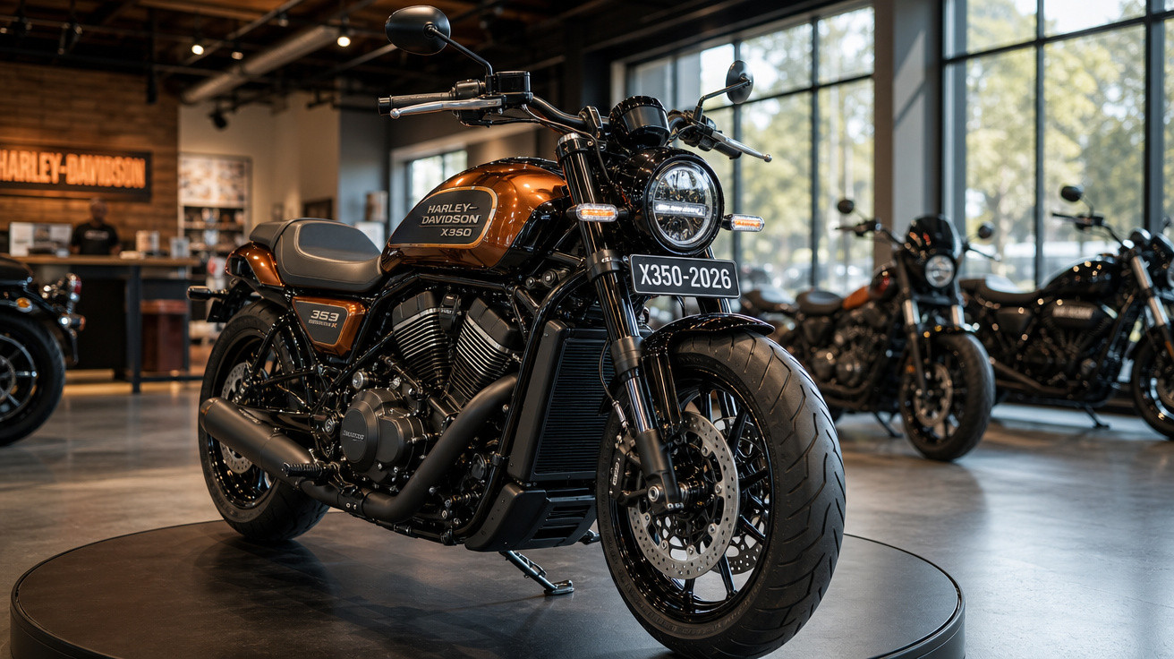 Motocicleta Harley-Davidson X350 preta com detalhes em bronze em exposição dentro de showroom moderno.