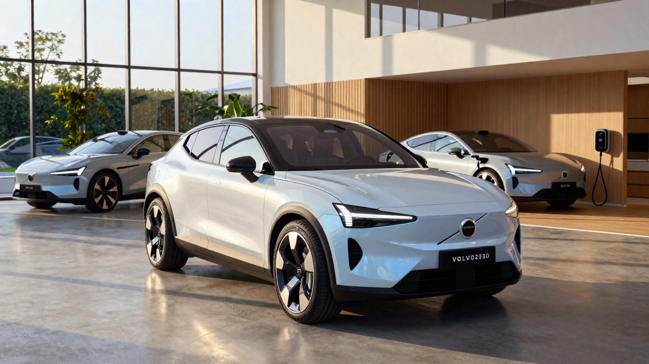 Três carros elétricos modernos estacionados em um showroom com parede de vidro e madeira.