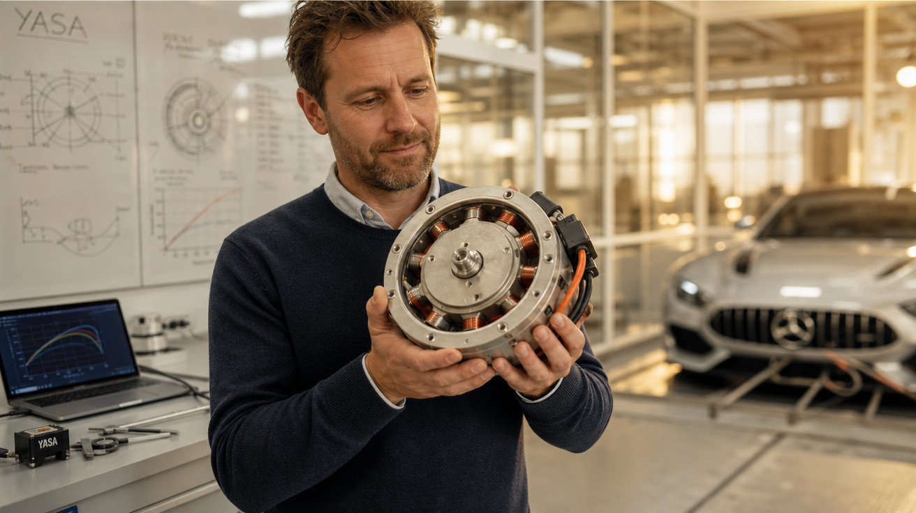 Homem segurando motor elétrico em laboratório com carro esportivo ao fundo.