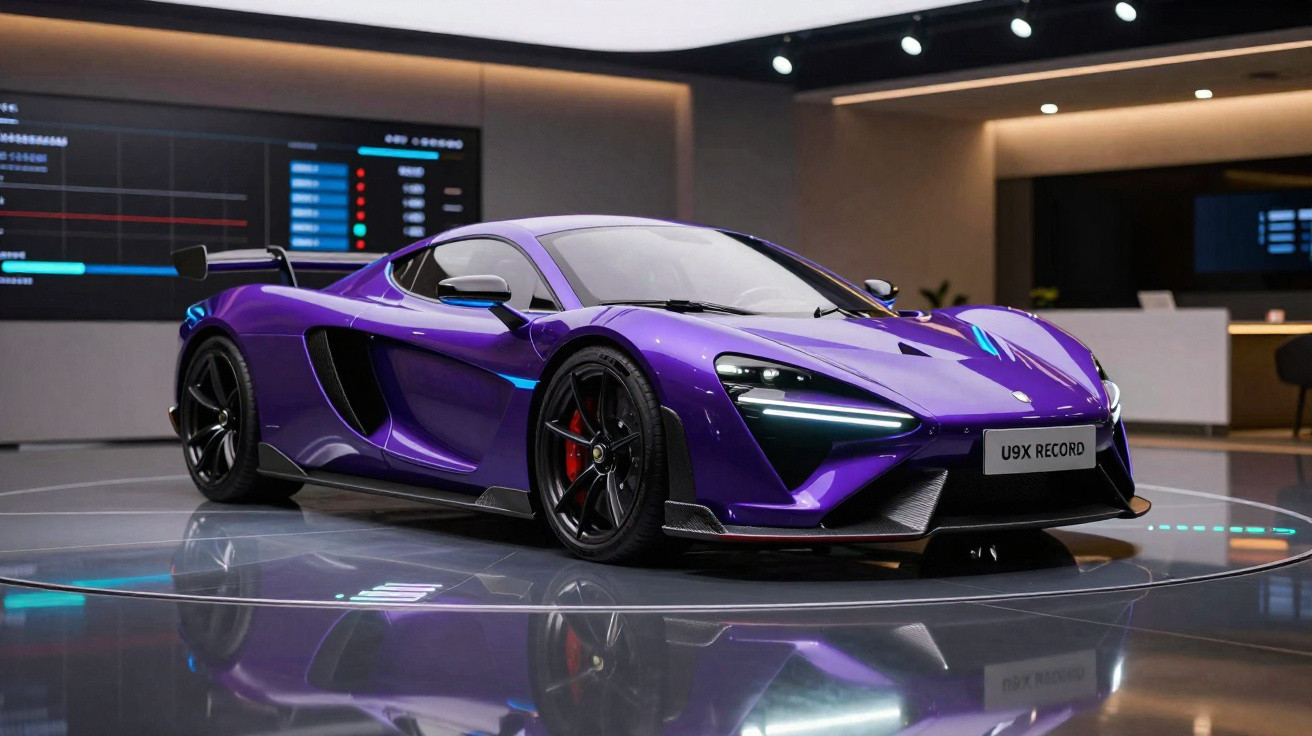Carro esportivo roxo U9X Record em exposição interna com iluminação moderna e refletida no chão brilhante.