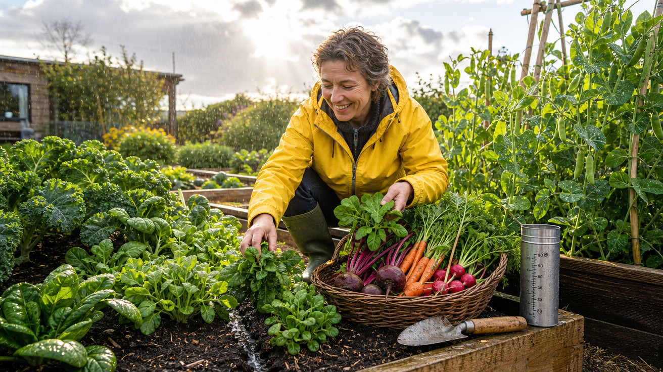 Mulher colhendo verduras frescas em horta urbana com cesta cheia de legumes variados ao lado.