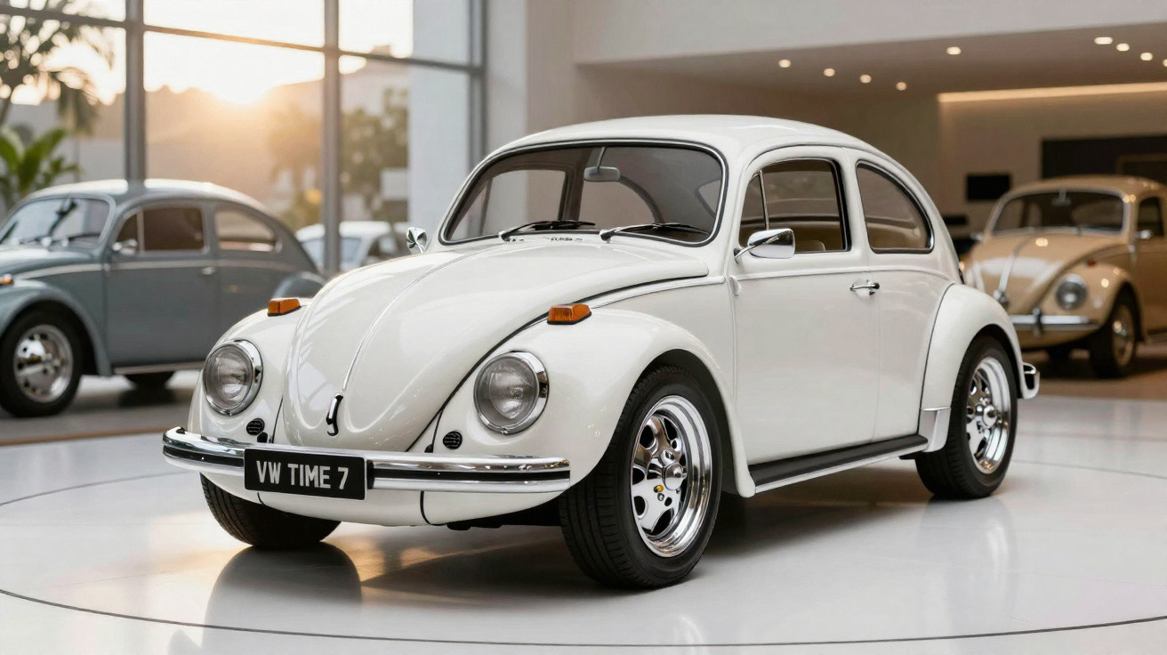 Carro Volkswagen Fusca branco em exposição interna com dois Fuscas ao fundo.