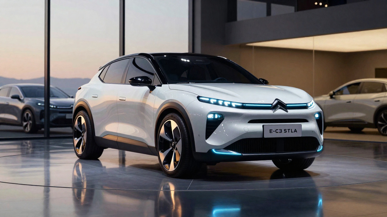 Carro elétrico branco Citroën E-C3 em ambiente interno moderno com iluminação azul nos faróis.