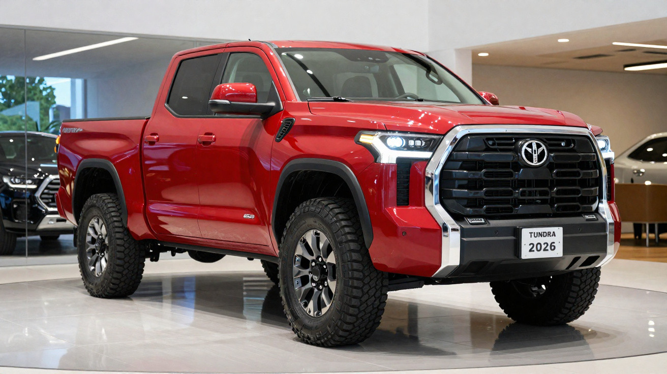 Picape Toyota Tundra 2026 vermelha em showroom, com design robusto e faróis acesos.