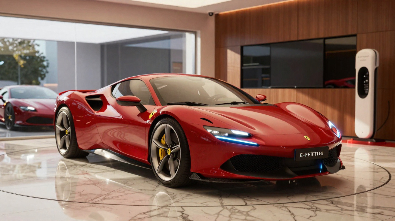 Carro esportivo vermelho Ferrari elétrico estacionado em piso de mármore, ao lado de estação de recarga.