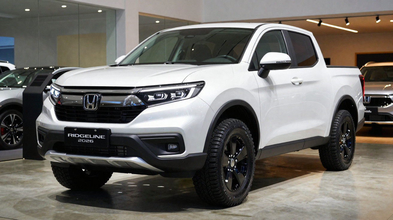 Picape branca Honda Ridgeline 2026 exibida em showroom moderno com iluminação interna.