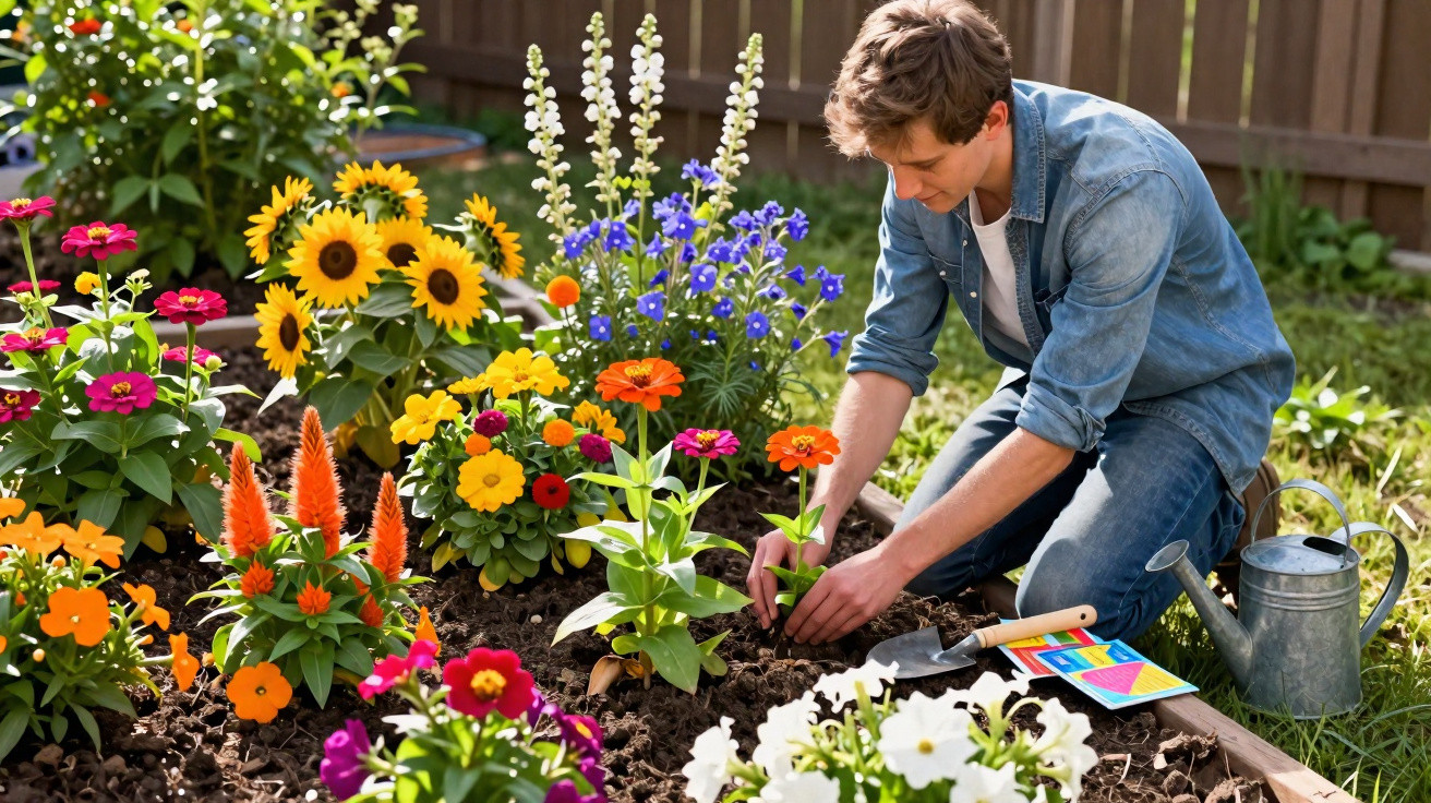 Homem jardineiro plantando flores coloridas em canteiro com regador e ferramentas ao lado.