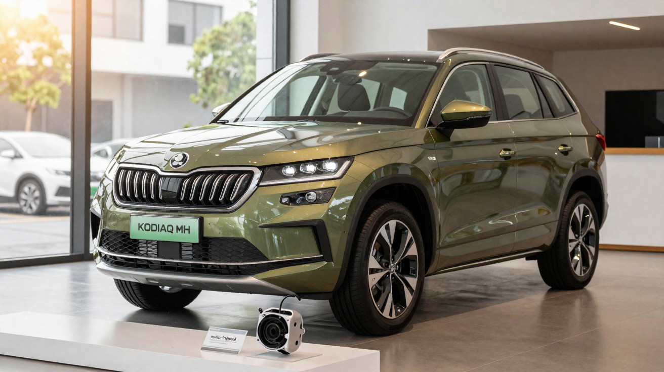 SUV Skoda Kodiaq MH verde exibido em showroom moderno com luz natural.