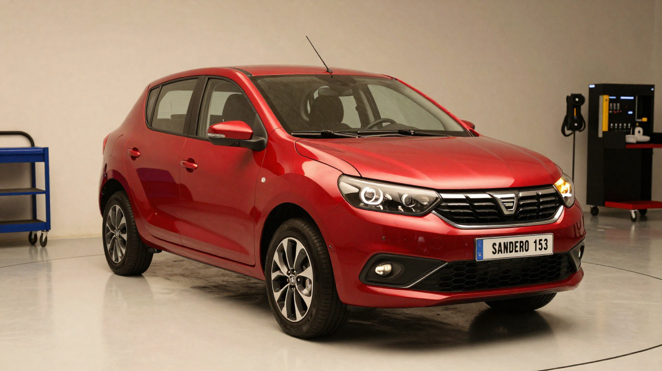 Carro hatchback vermelho Dacia Sandero 153 em ambiente interno com piso claro e equipamentos ao fundo.
