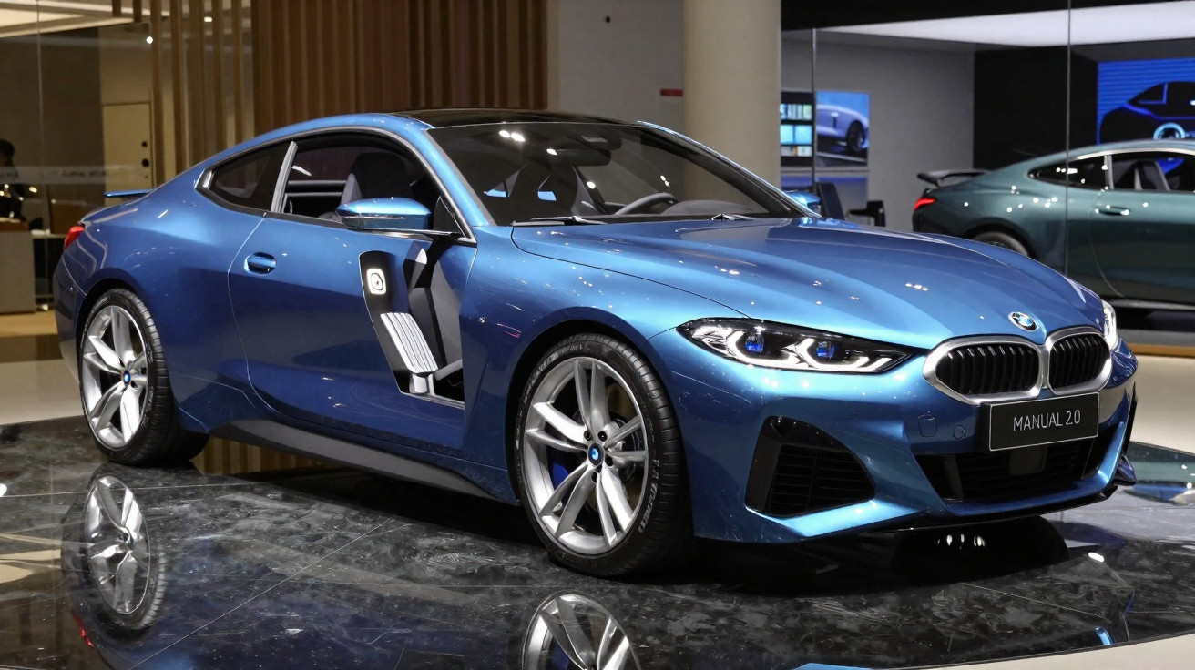Carro esportivo azul BMW com porta aberta exibido em salão automotivo moderno.