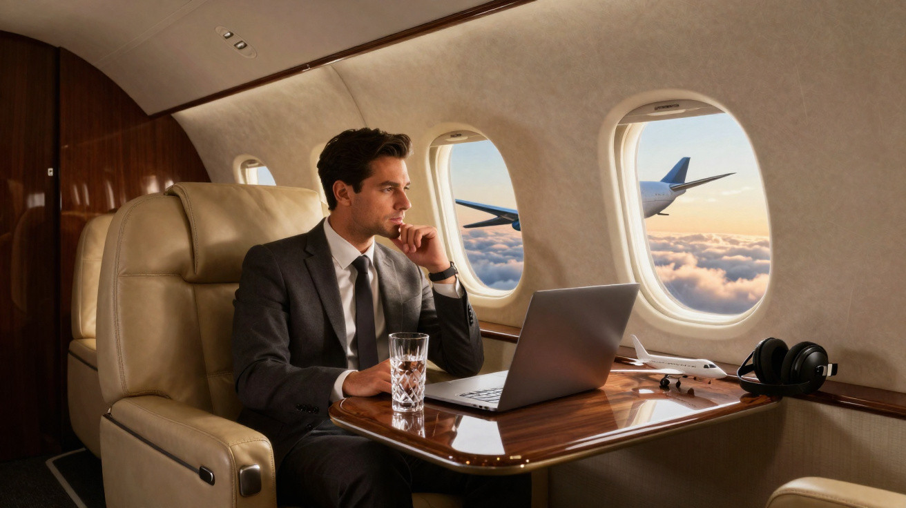 Homem de terno trabalhando em laptop dentro de avião luxuoso com copo de água e fones de ouvido na mesa.