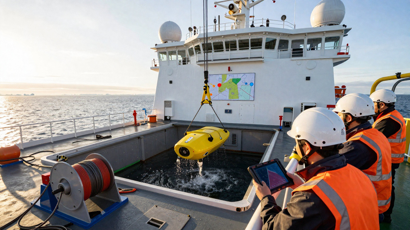 Equipe com capacete e colete laranja operando robô subaquático amarelo em navio durante o dia.