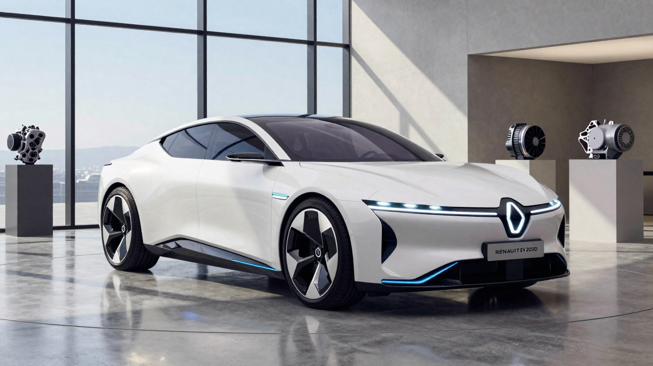 Carro elétrico branco Renault 100% futurista exposto em ambiente moderno com objetos técnicos ao fundo.