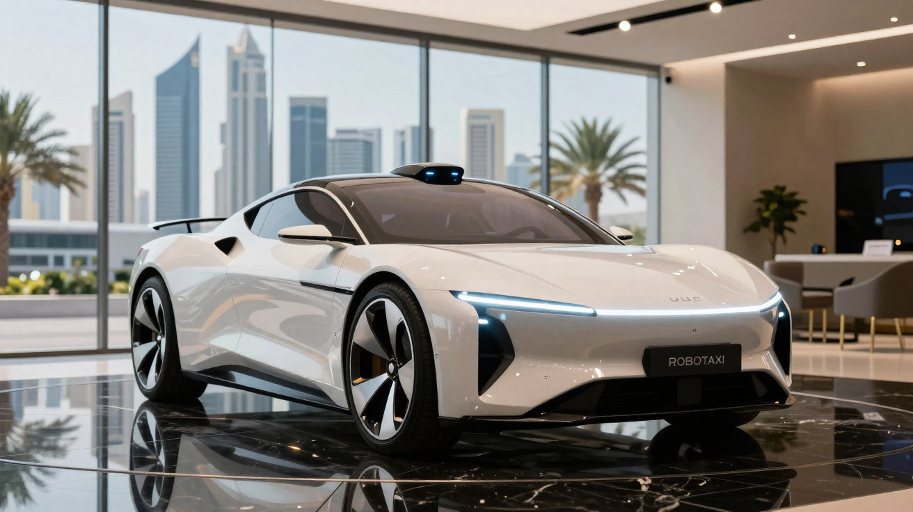 Carro autônomo branco moderno em showroom com cidade e palmeiras ao fundo.