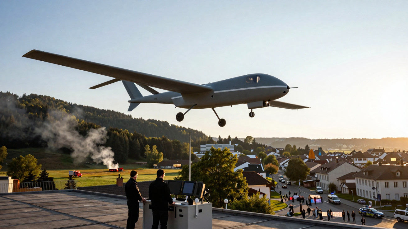 Drone de grande porte voando sobre área urbana com pessoas operando controle em terra ao entardecer.