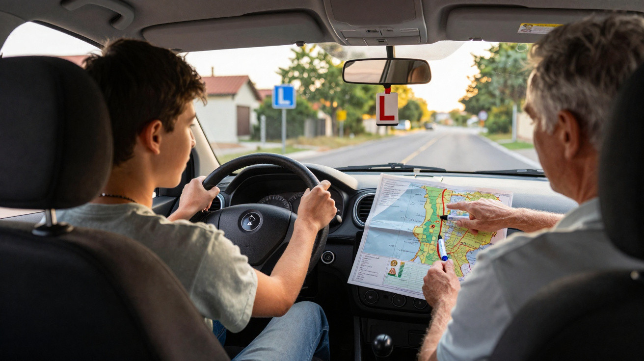 Jovem dirigindo carro com placa de aprendiz, instrutor ao lado consultando mapa dentro do veículo.