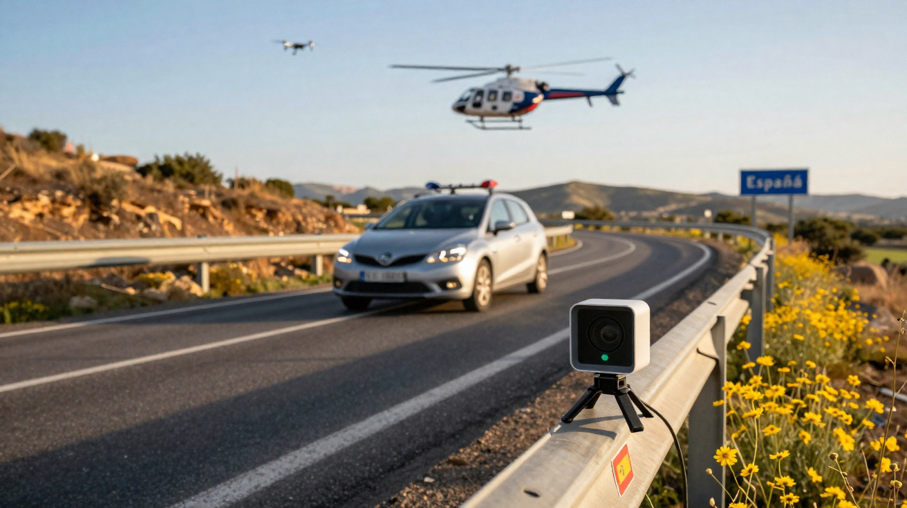 Câmera de vigilância na estrada com carro, helicóptero e placa indicando Espanha ao fundo.